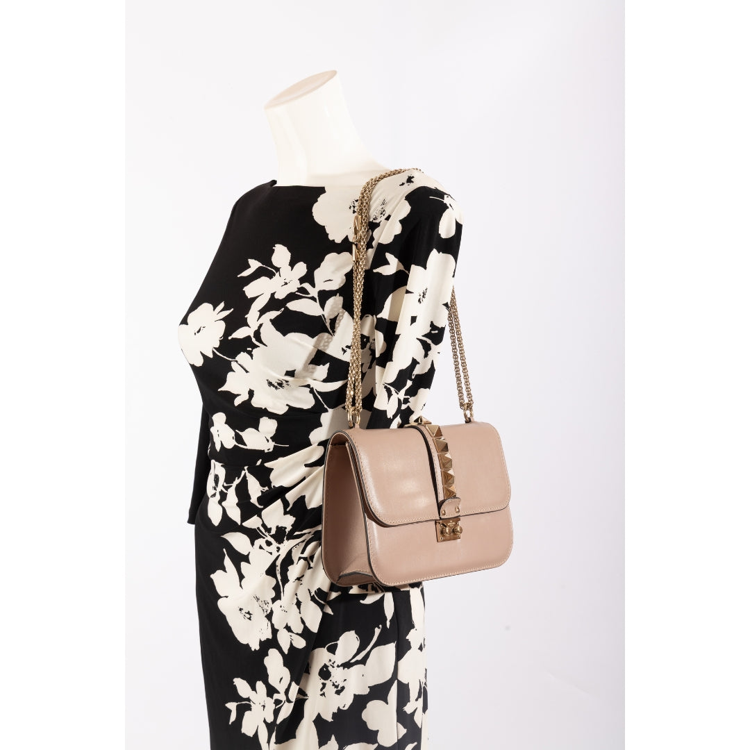 Valentino Beige Leather Glam Lock Chain Shoulder Bag