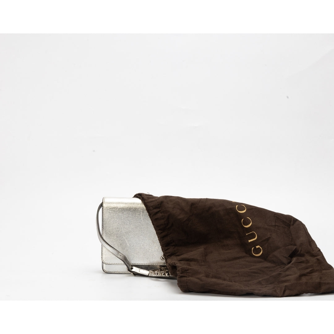 Gucci Silver Leather Crystal Embellished Broadway Shoulder Bag