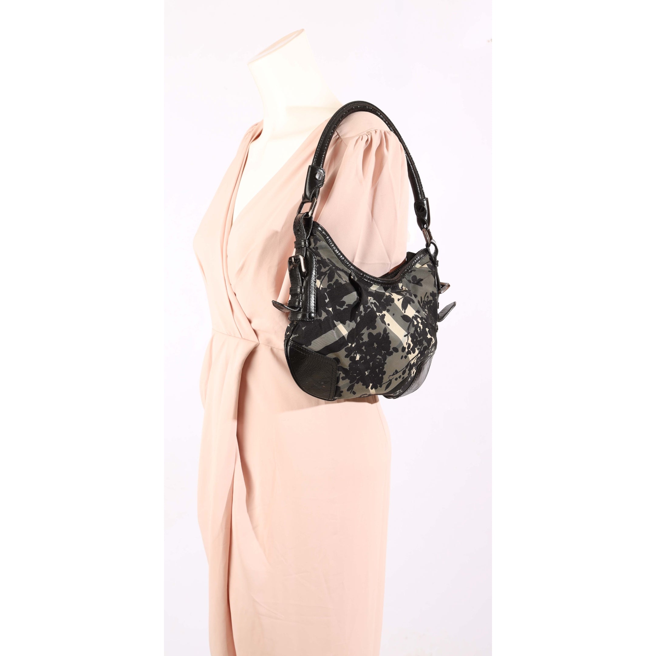 Burberry Black Check Nylon Foley Floral Print Hobo Bag