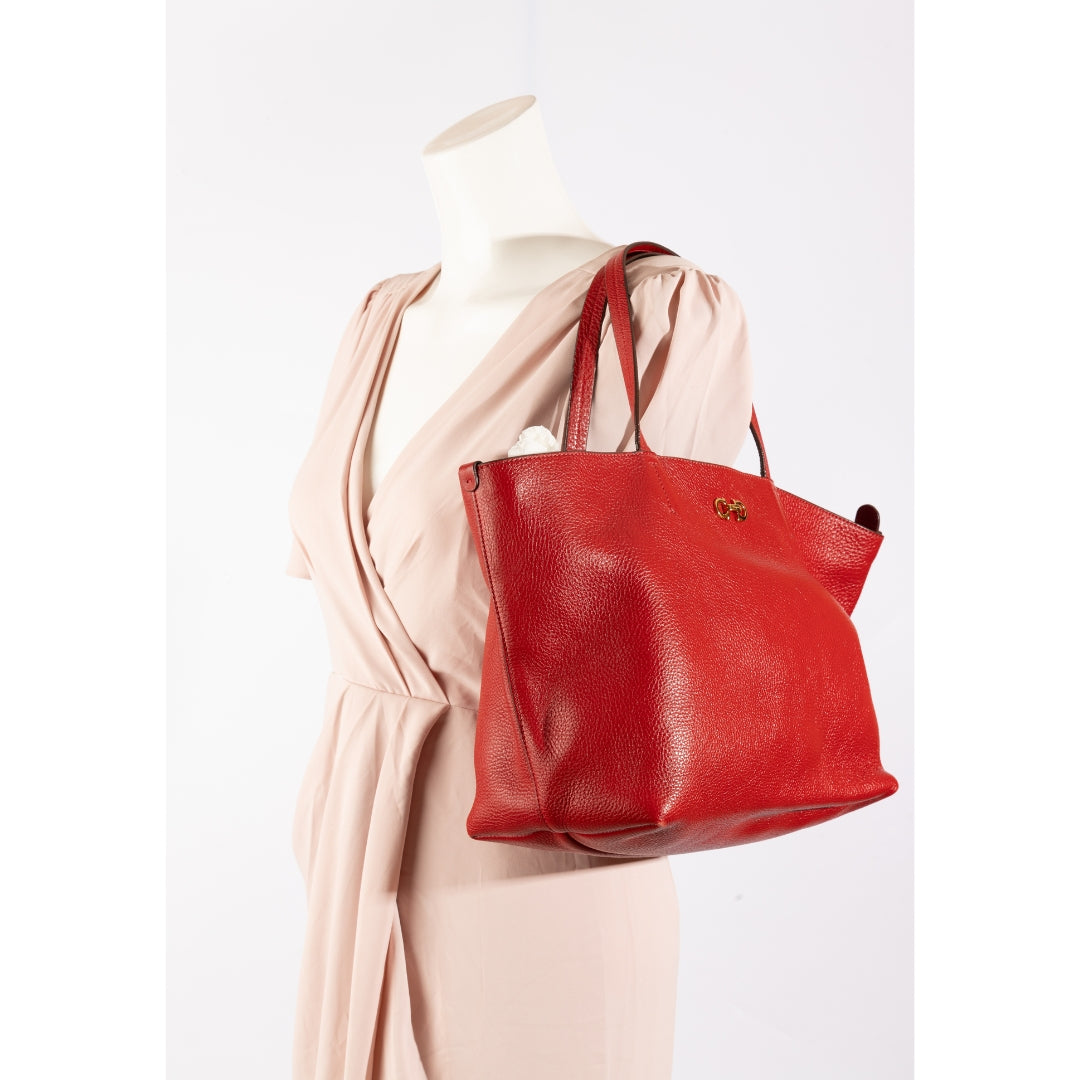 Salvatore Ferragamo Red Pebbled Leather Bice Tote Bag