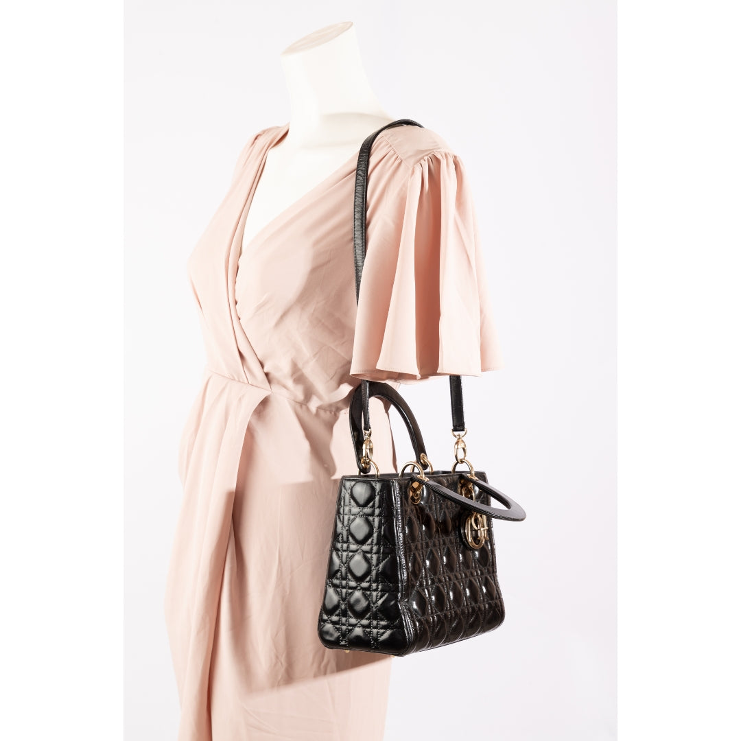 Lady Dior Bag Black Patent Cannage Calfskin Bag