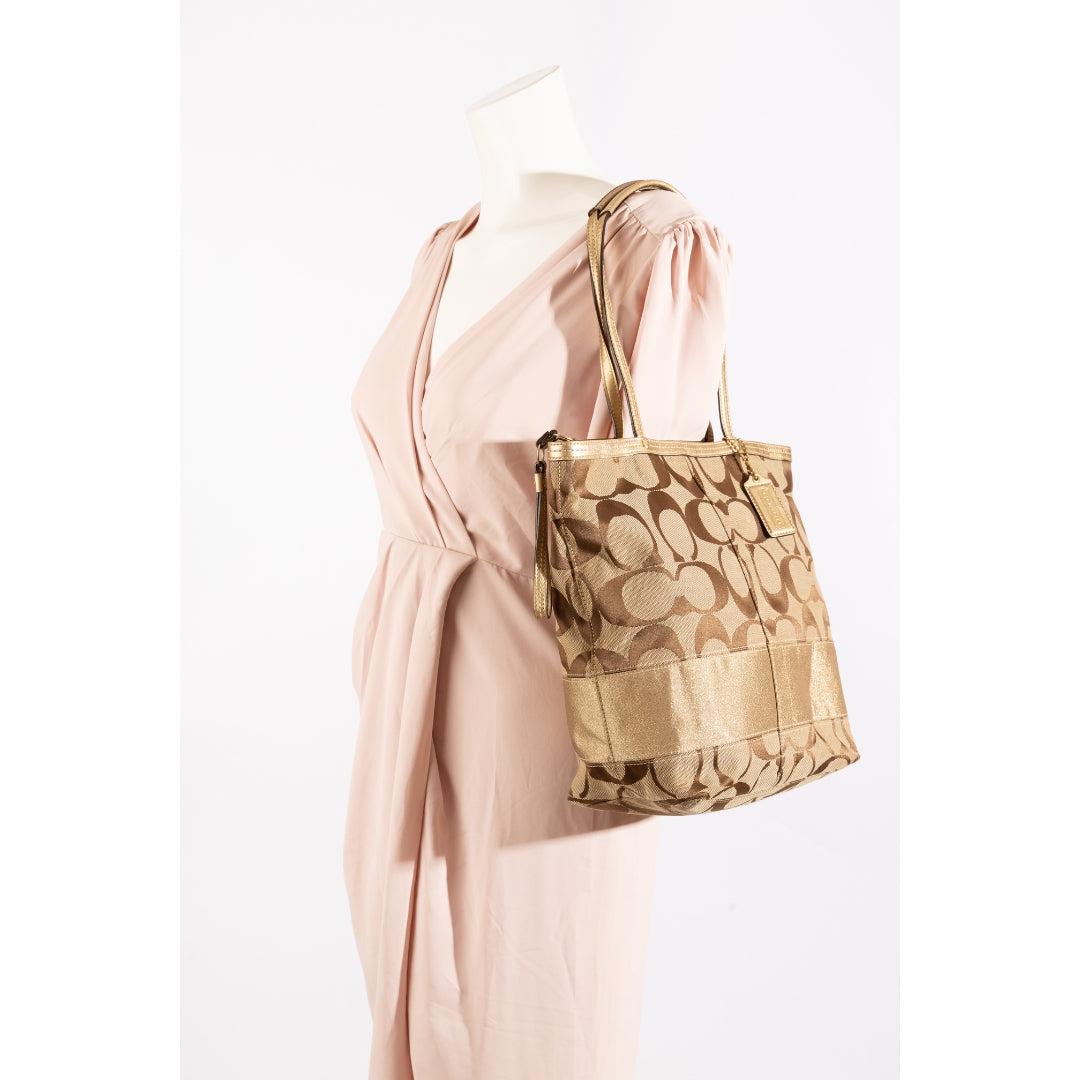 Coach Brown Signature Gold Stripe Tote