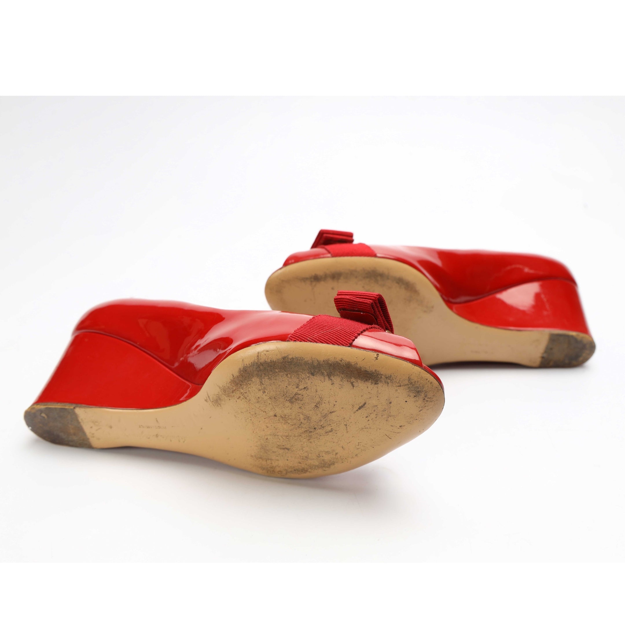 Salvatore Ferragamo Red Sissi Bow Peep Toe Wedge Pumps