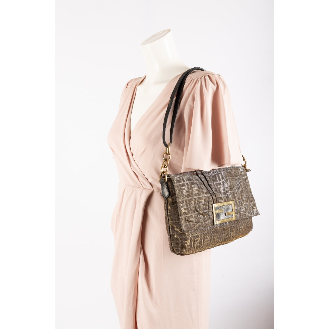 Fendi Zucca Glitter Jacquard Fabric Mia Flap Baguette