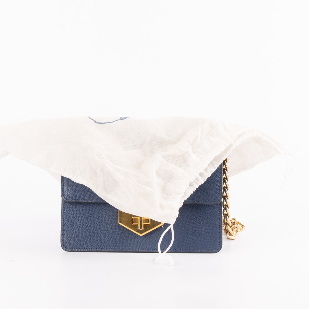 Prada Blue Leather Turnlock Flap Chain Crossbody Bag