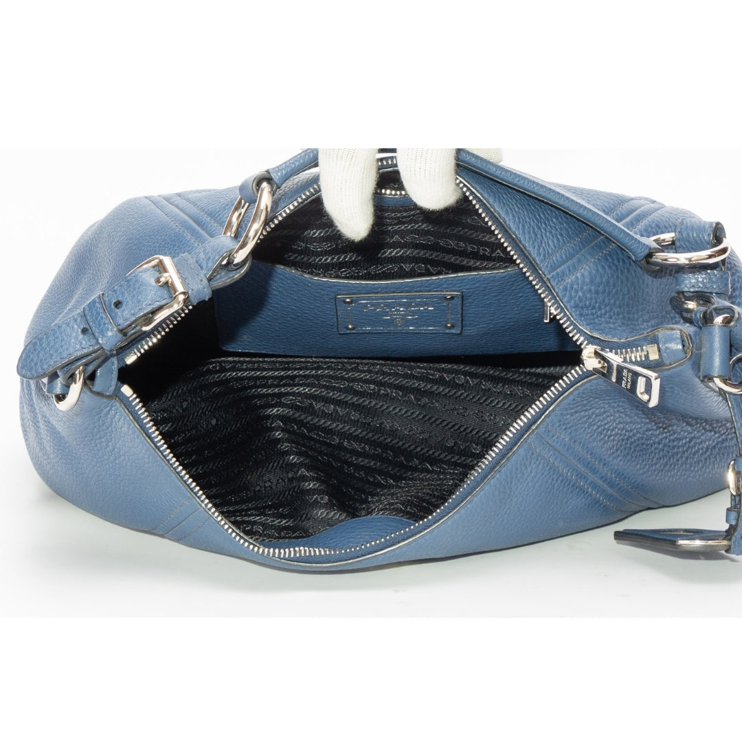 Prada Blue Vitello Daino Hobo Bag