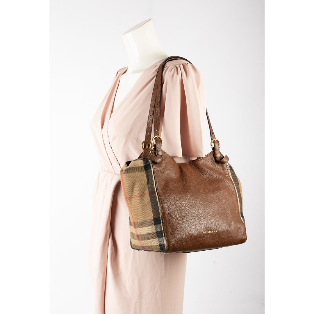 Burberry Brown Leather and House Check Canvas Canterbury Tote Bag