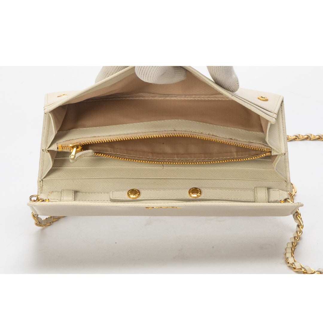 Prada Beige Metal Logo Flap Wallet On Chain
