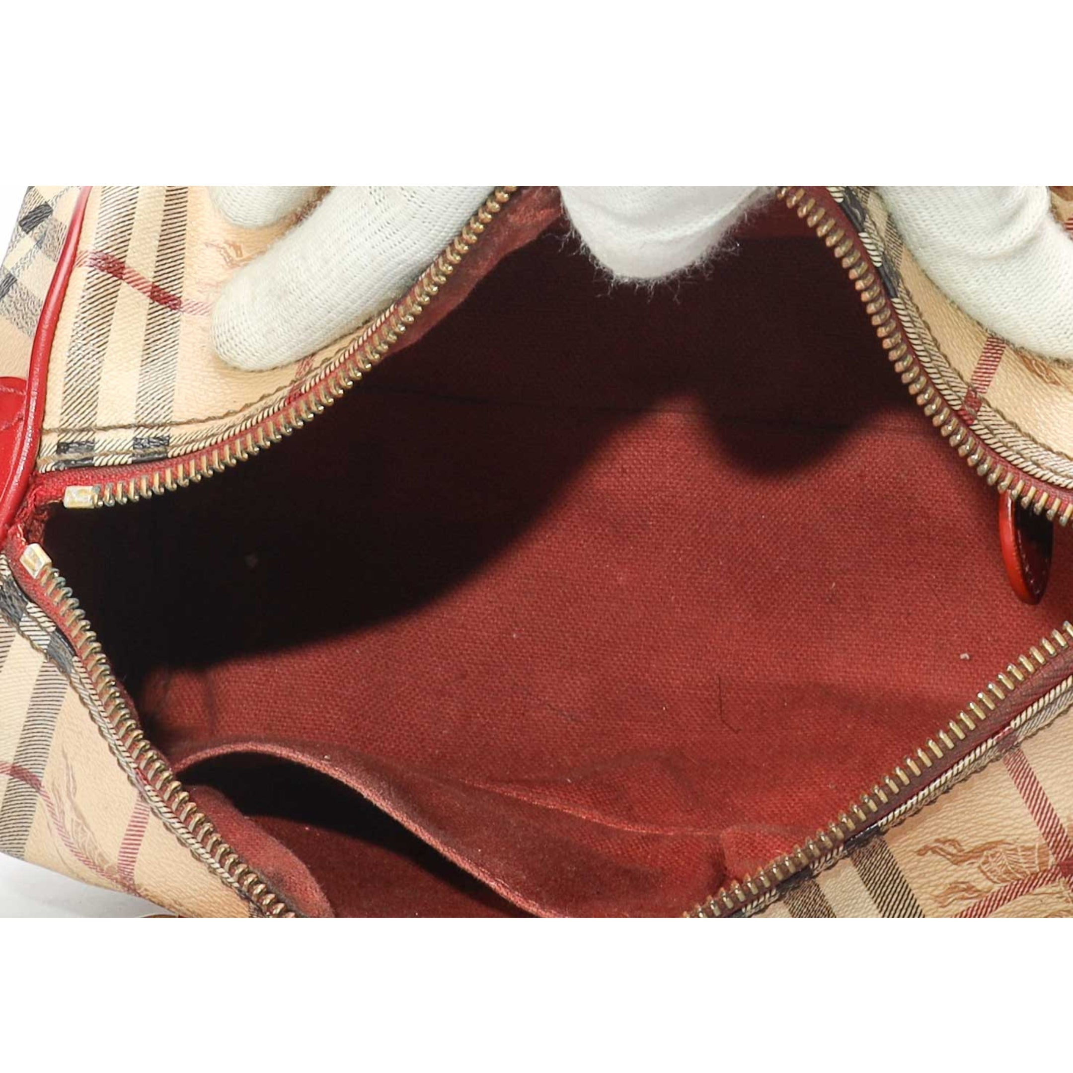 Burberry Beige Check Ruby Red Bowling Bag