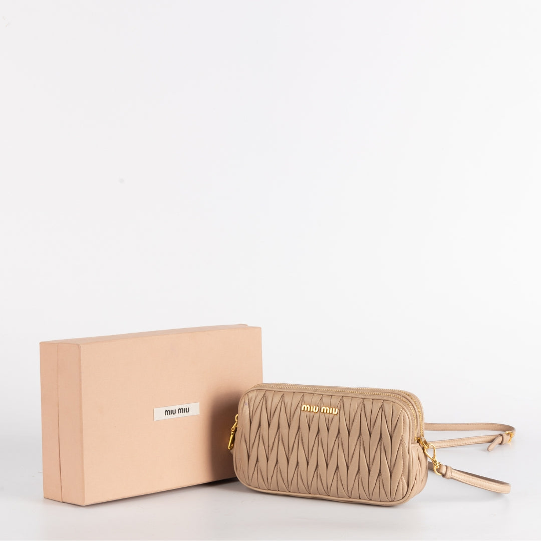 Miu Miu Nude Matelasse Leather Double Zip Crossbody Bag