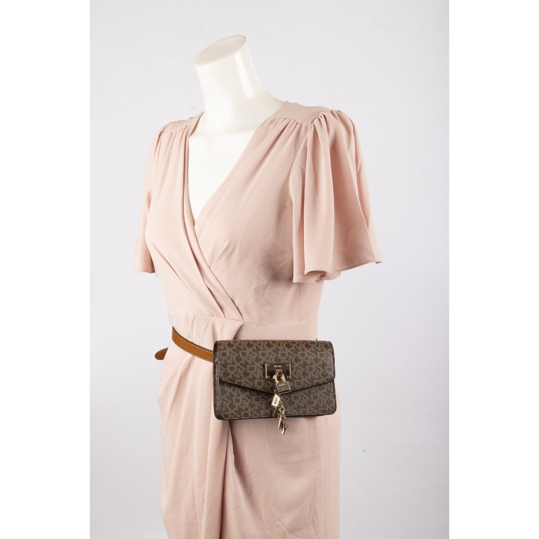 DKNY Brown Monogram and Leather Trim Belt Bag