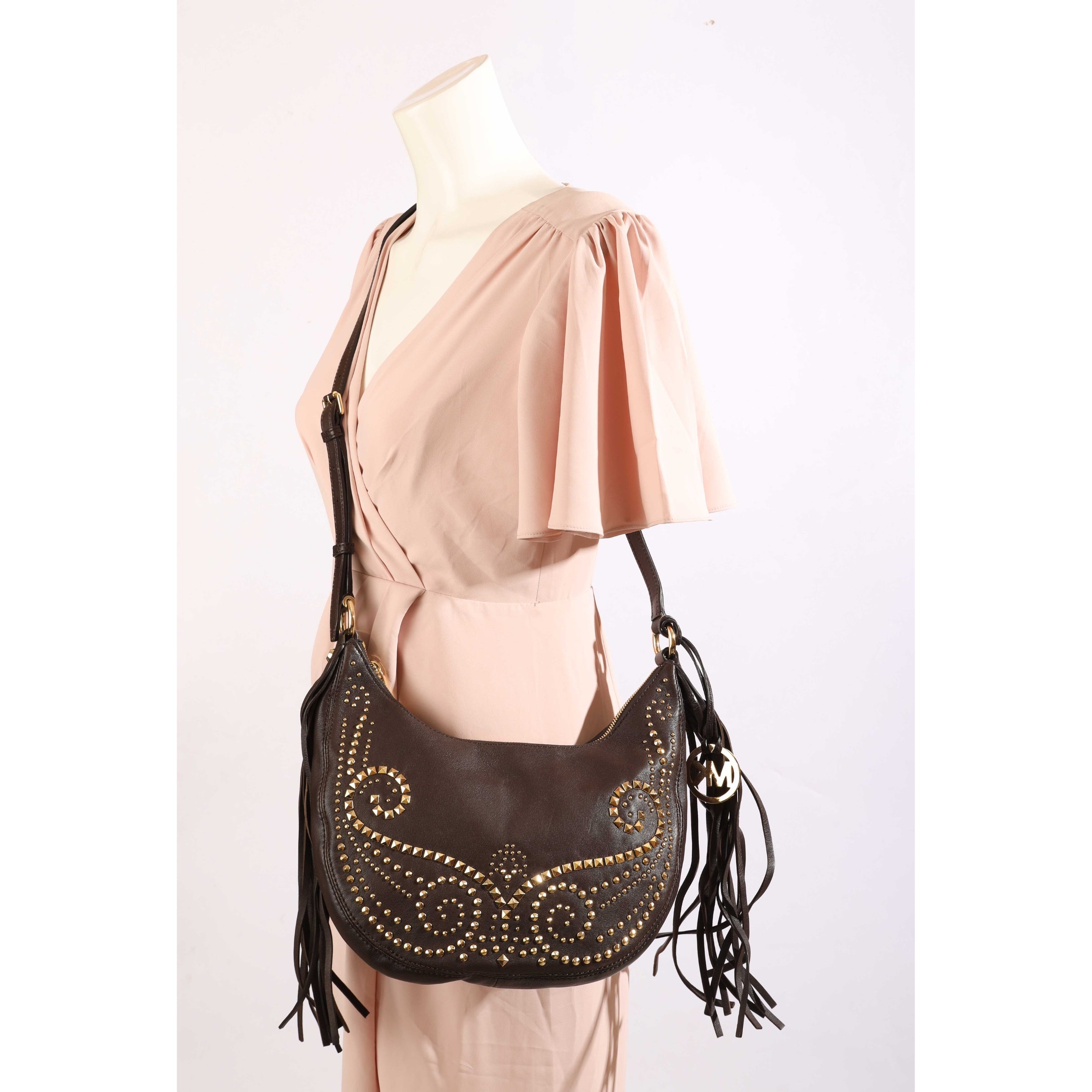Michael Kors Brown Studded Rhea Crossbody Bag