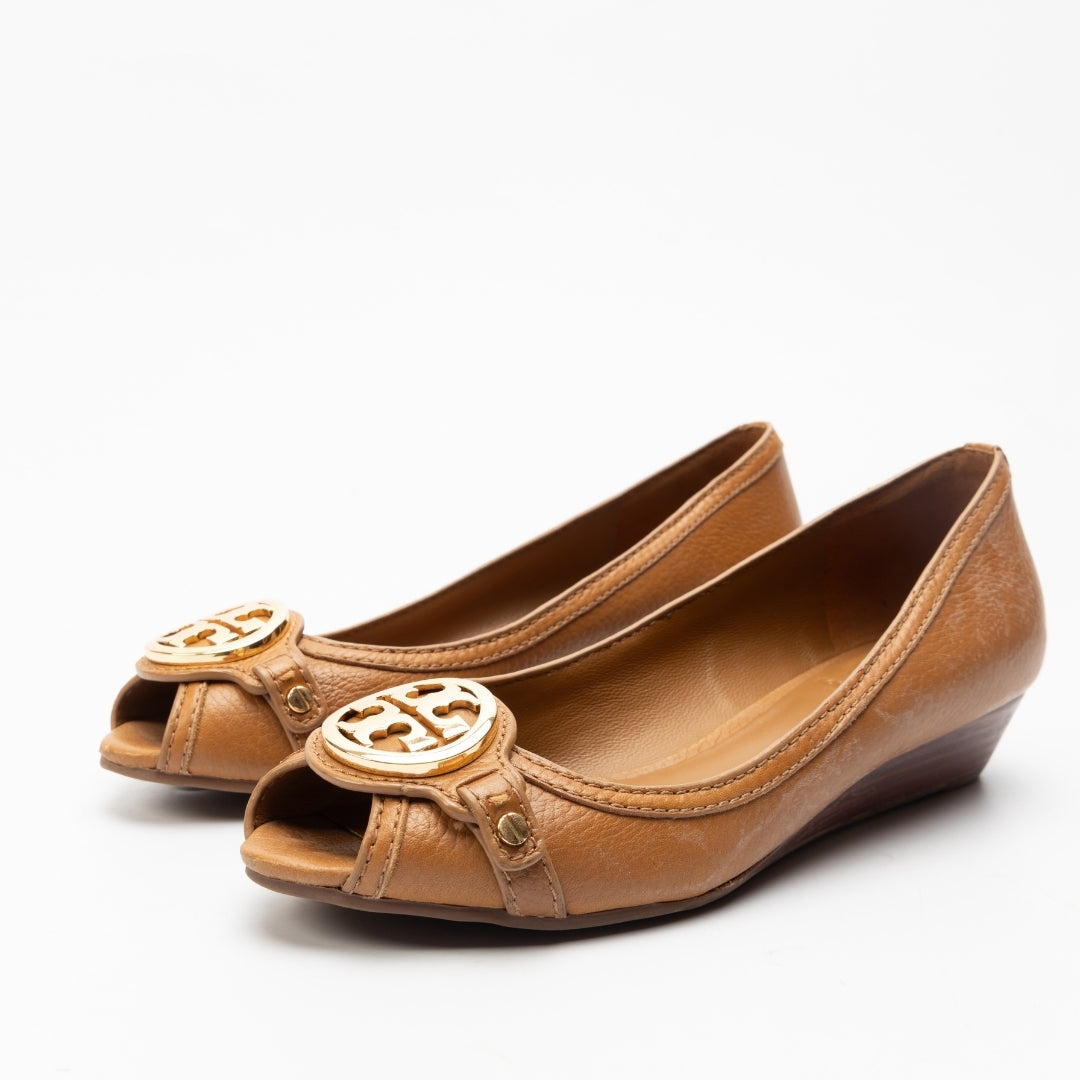 Tory Burch Tan Logo Peep Toe Wedges