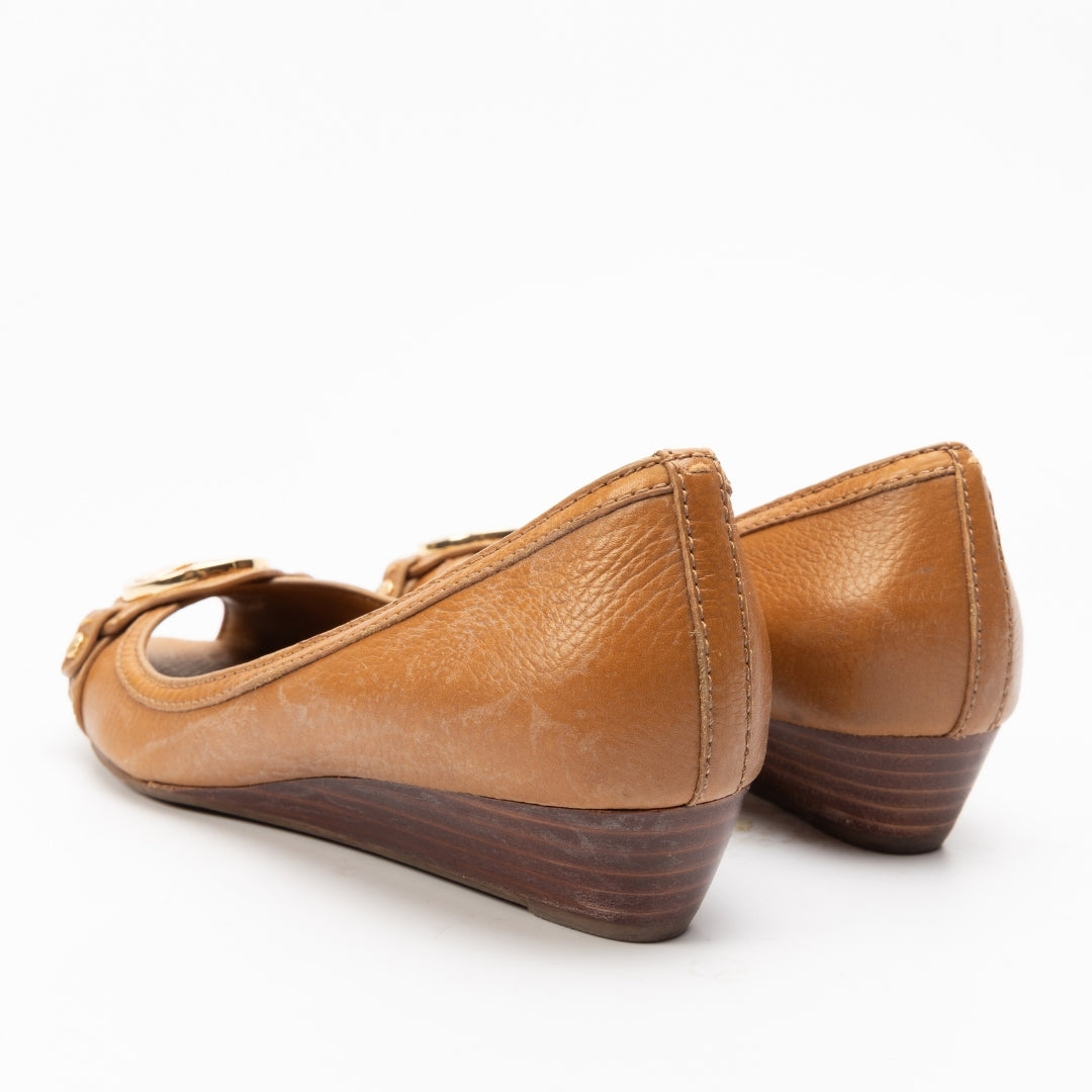 Tory Burch Tan Logo Peep Toe Wedges