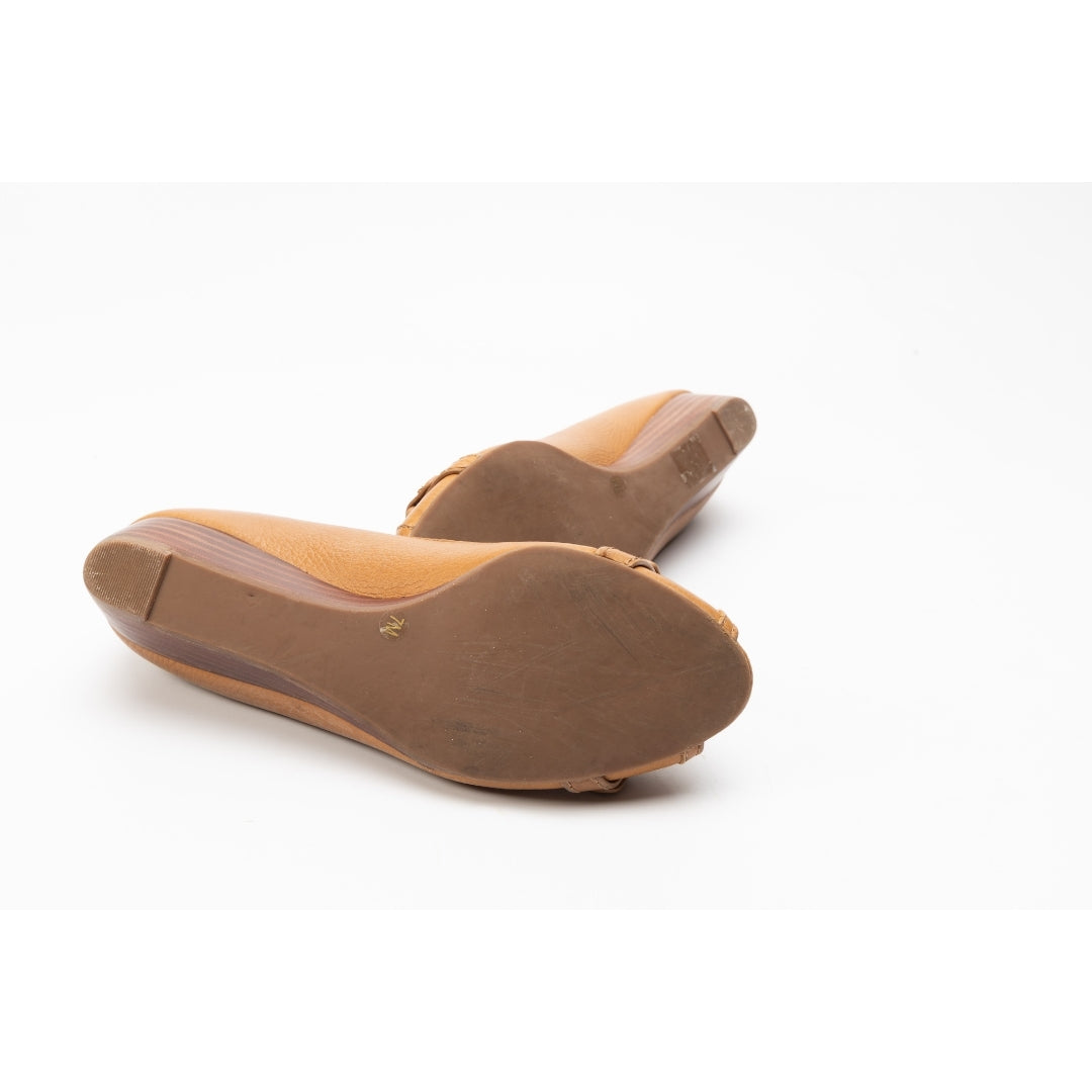 Tory Burch Tan Logo Peep Toe Wedges