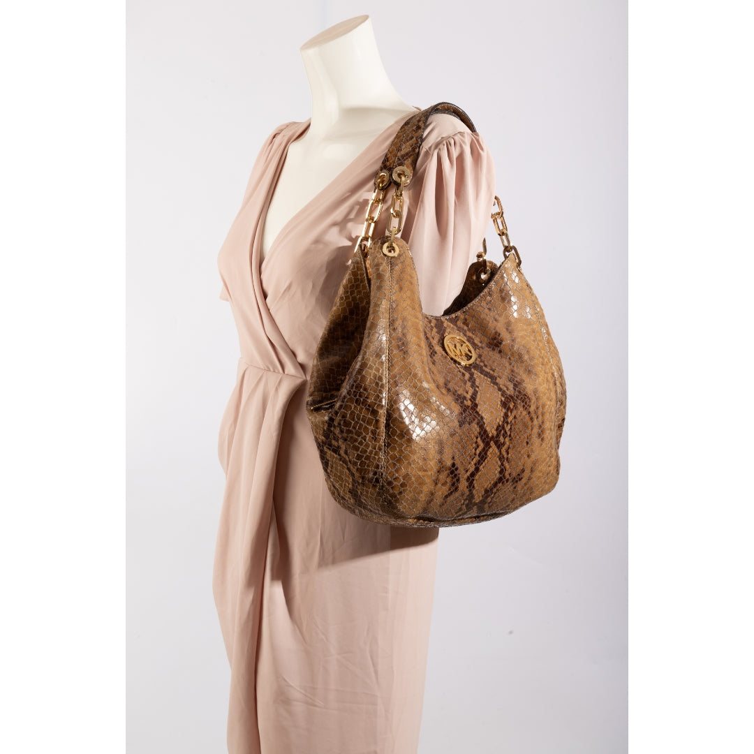 Michael Kors Brown Python Embossed Brown Leather Tote Bag