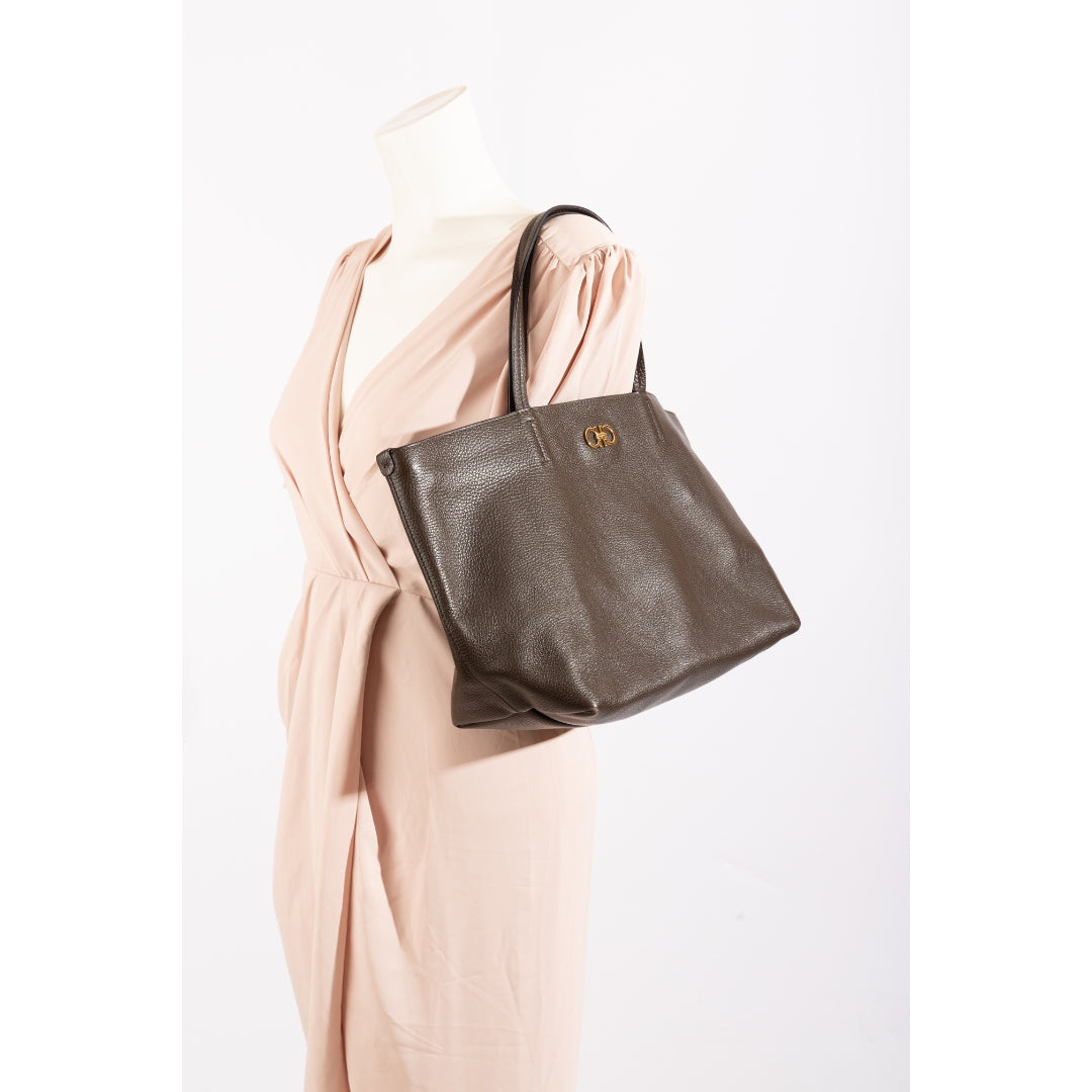 Salvatore Ferragamo Brown Pebbled Leather Bice Tote Bag