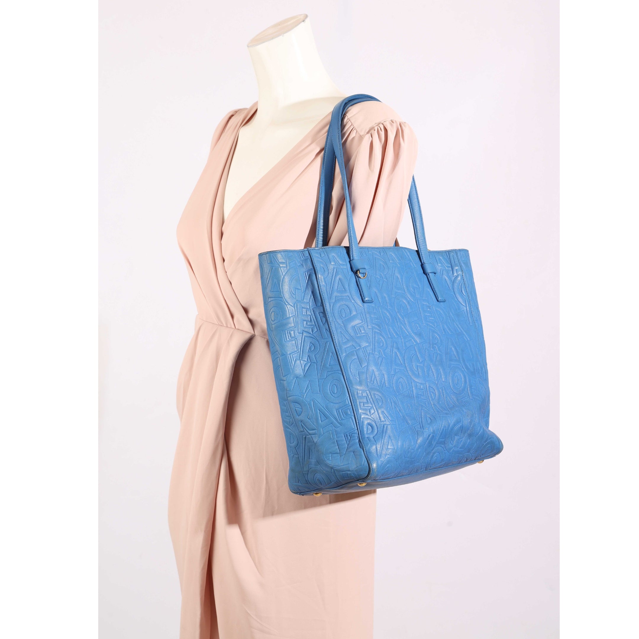 Salvatore Ferragamo Blue Logo Embossed Bonnie Tote