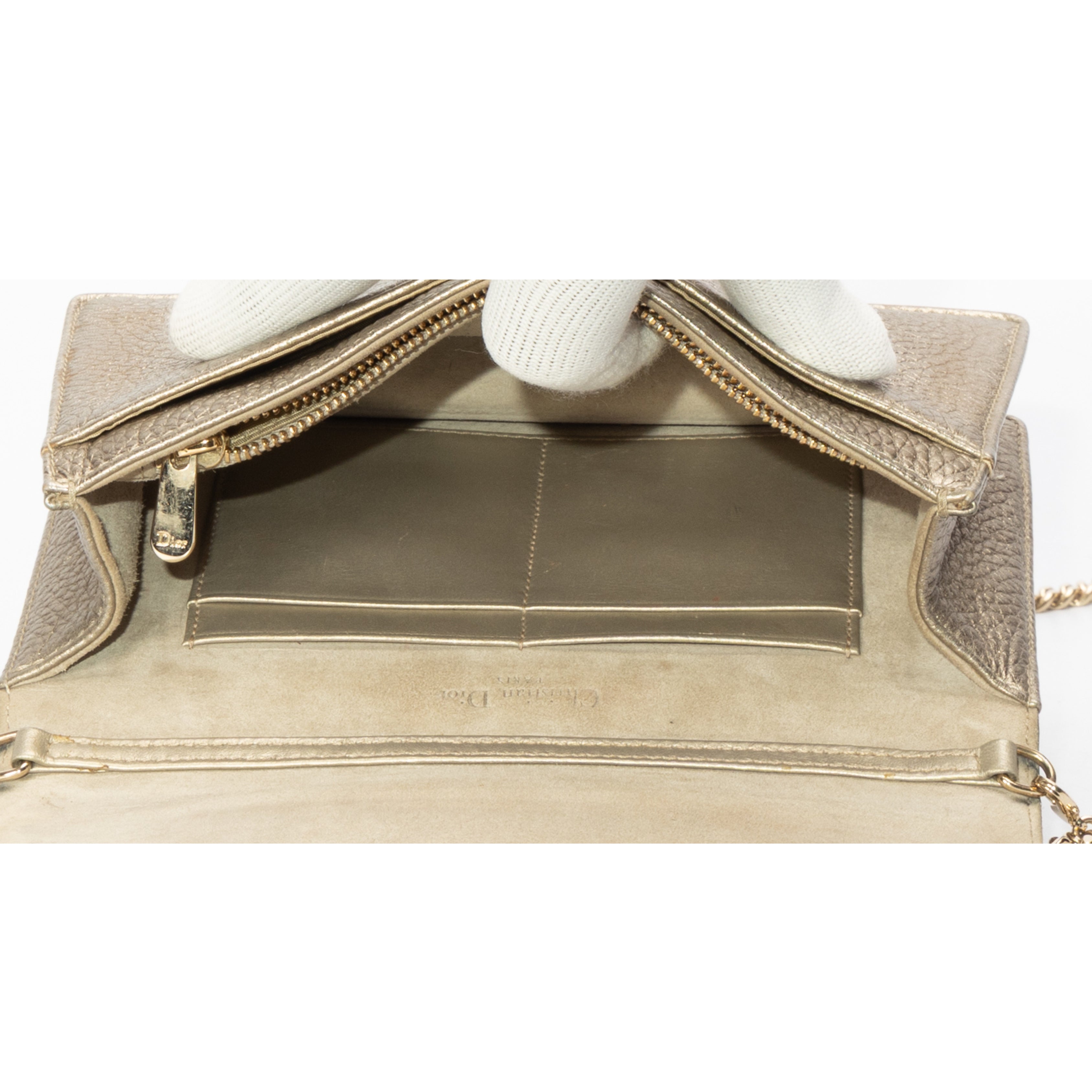 Dior Metallic Gold Leather Diorama Wallet on Chain