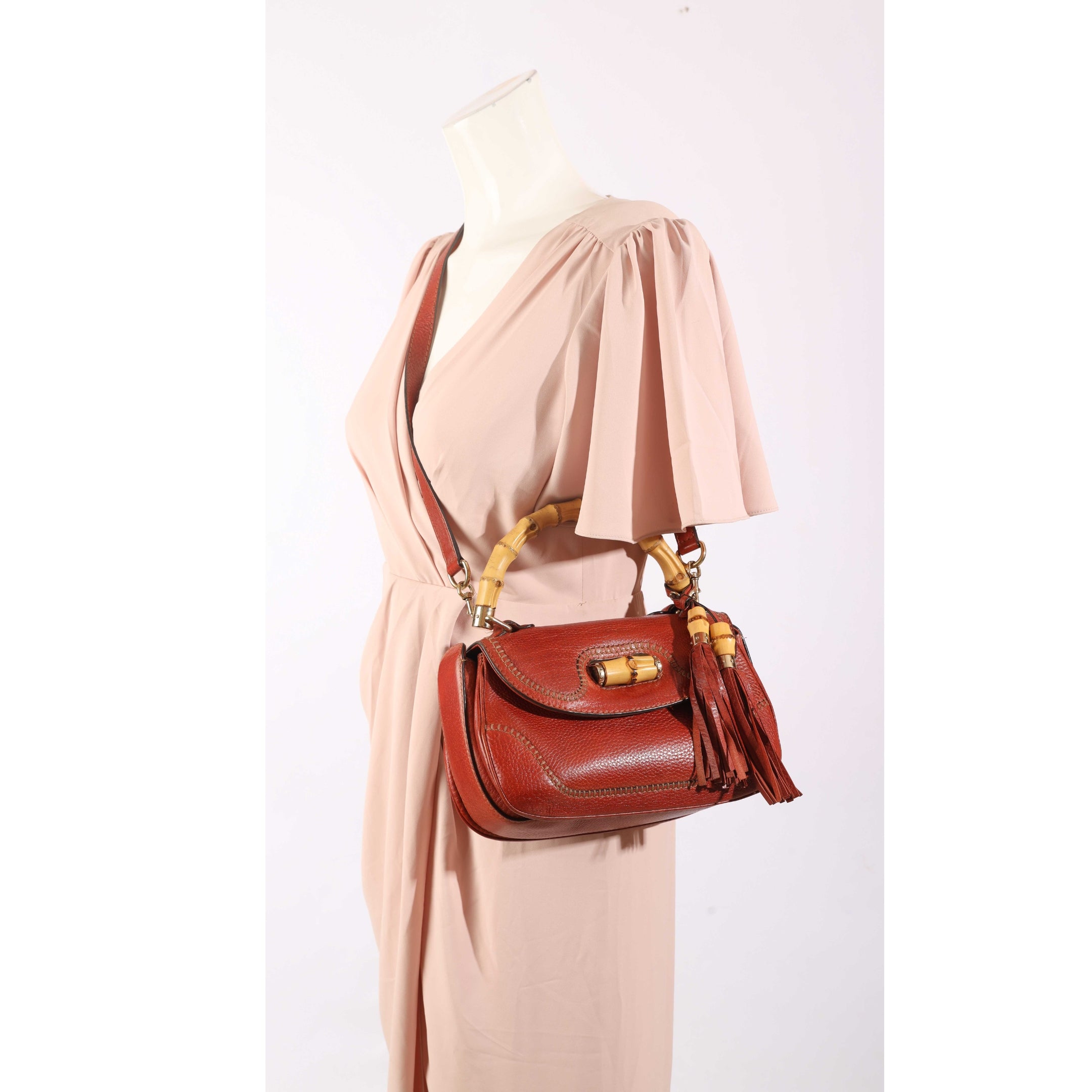 Gucci Red Tassel Bamboo Convertible Crossbody Bag