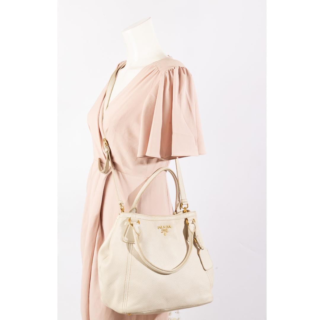 Prada White Vitello Daino Convertible Tote