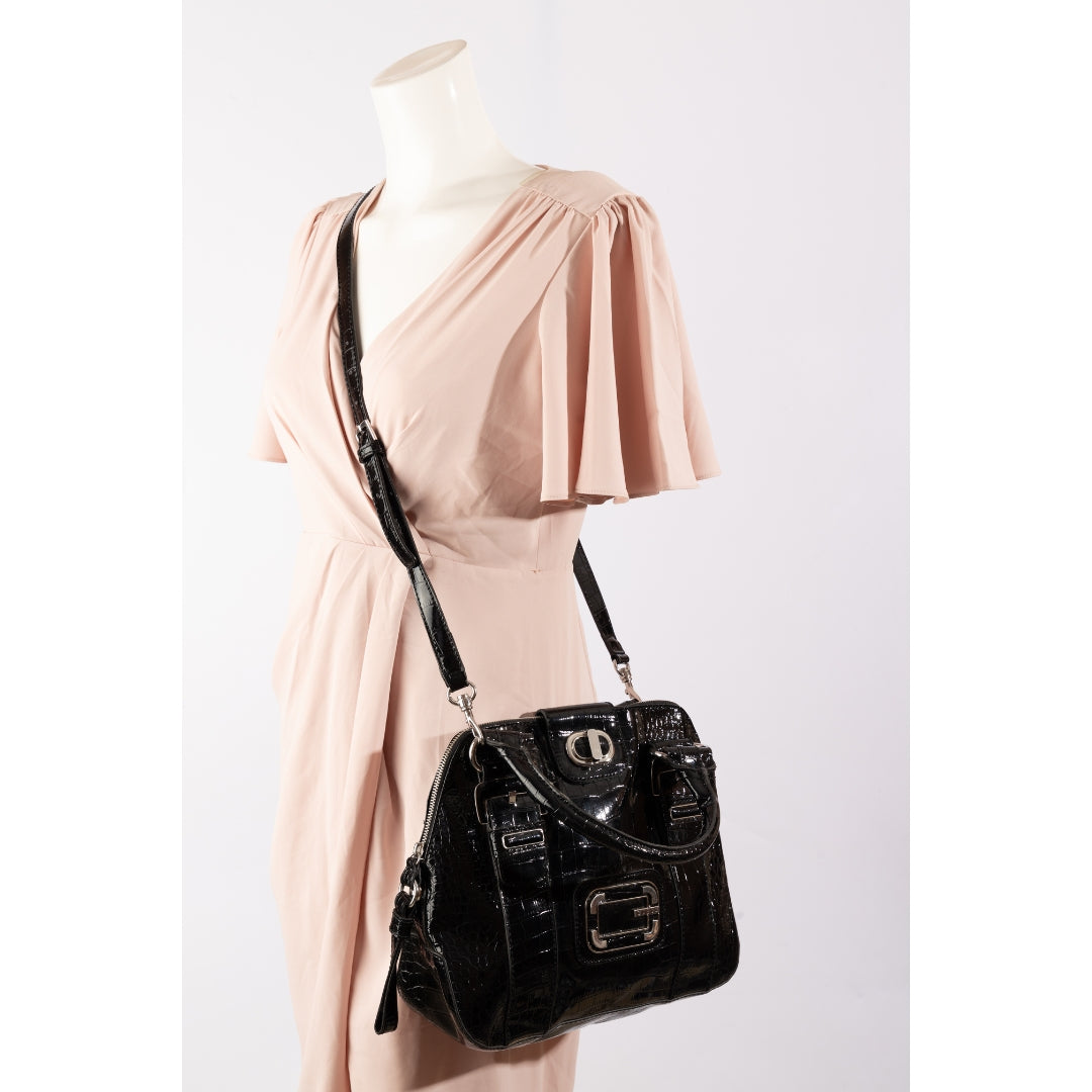 Guess Black Faux Crocodile Top Handle Bag