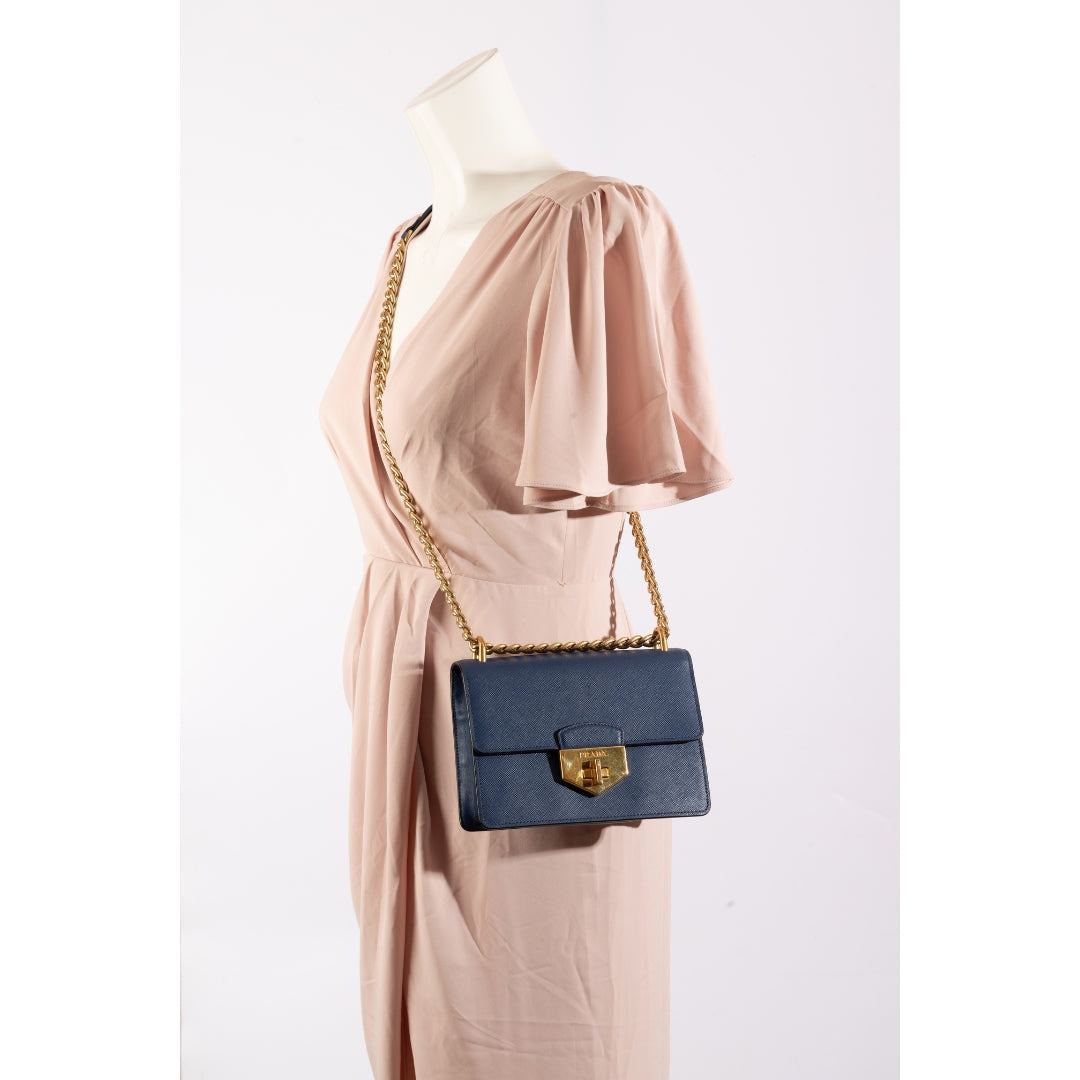 Prada Blue Leather Turnlock Flap Chain Crossbody Bag