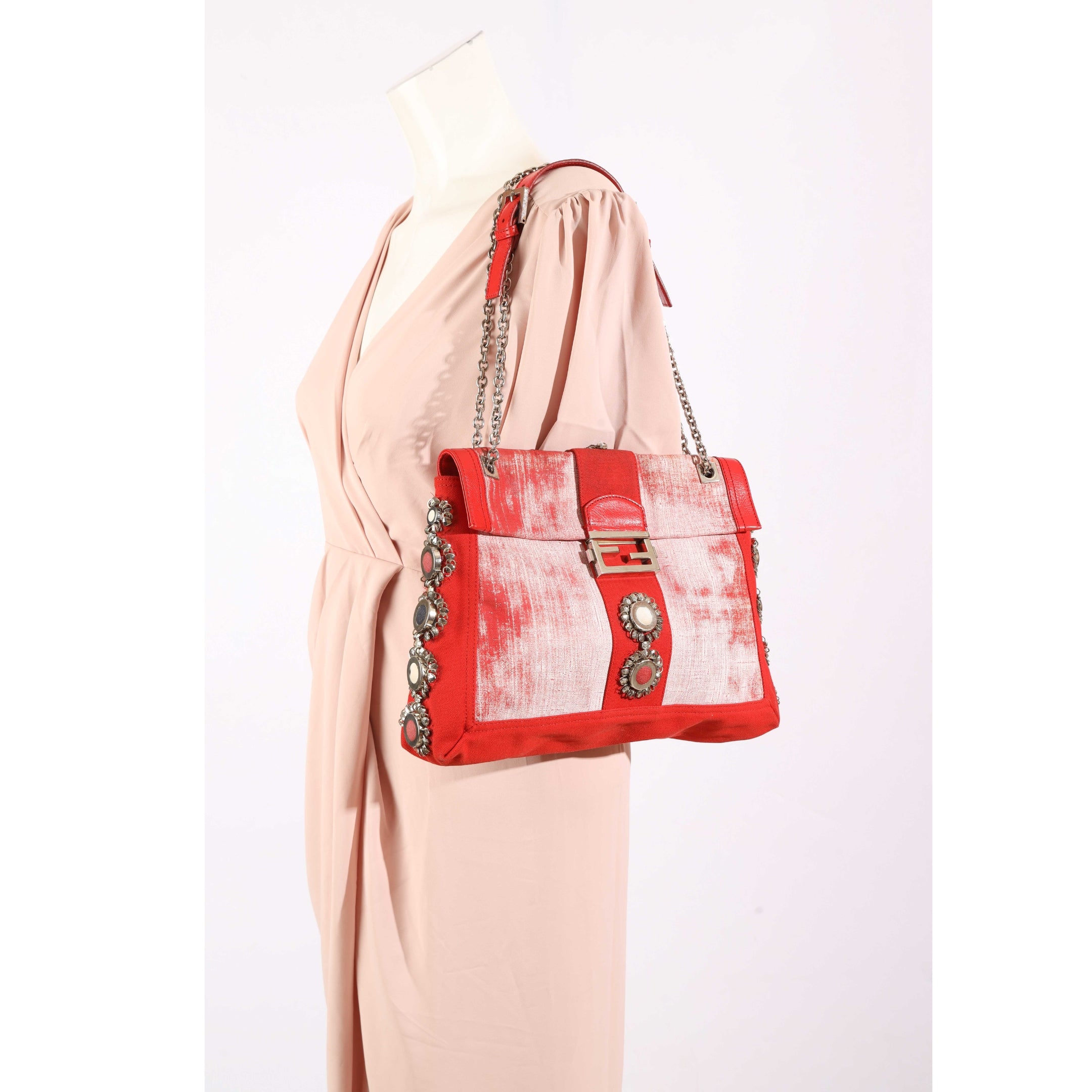 Fendi Red Maxi Baguette Embellished Shoulder Bag