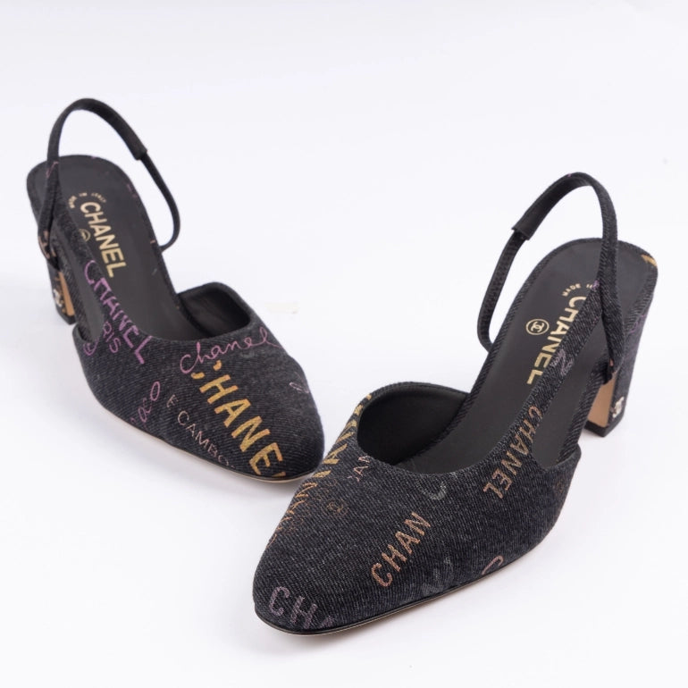 Chanel Denim Cap Toe Printed Slingback Pumps