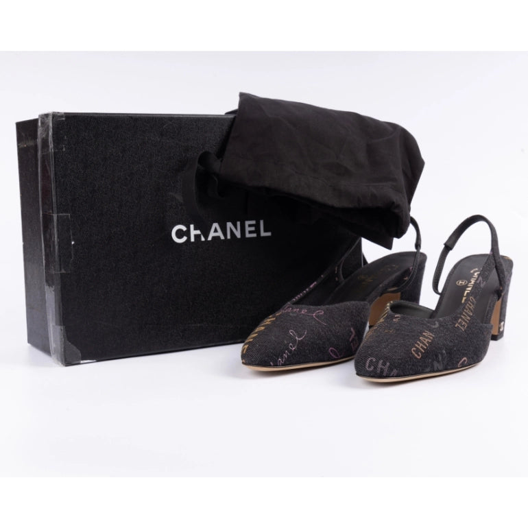 Chanel Denim Cap Toe Printed Slingback Pumps