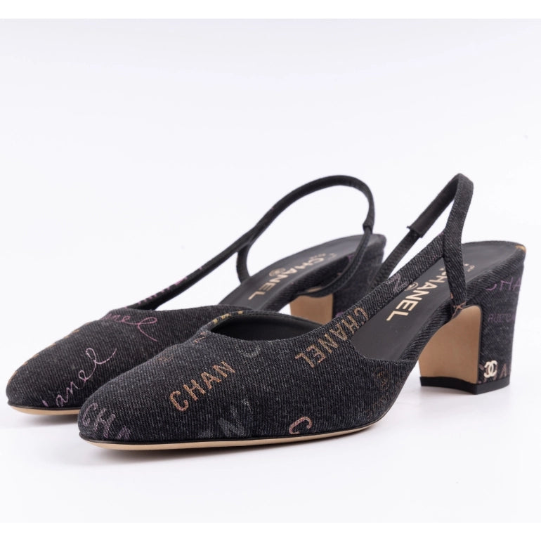 Chanel Denim Cap Toe Printed Slingback Pumps
