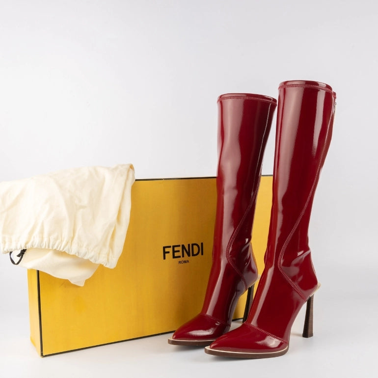 Fendi Red Pointed Toe Patent Leather Knee Boots