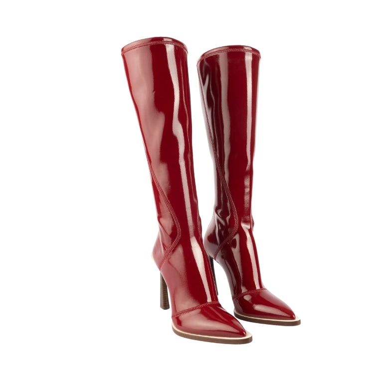 Fendi Red Pointed Toe Patent Leather Knee Boots