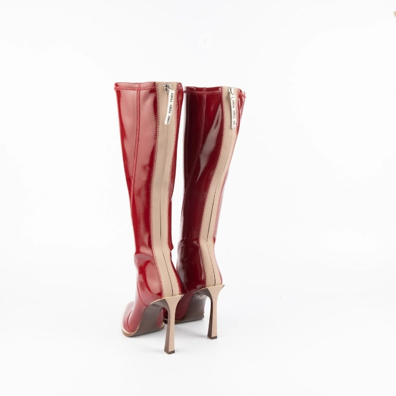 Fendi Red Pointed Toe Patent Leather Knee Boots