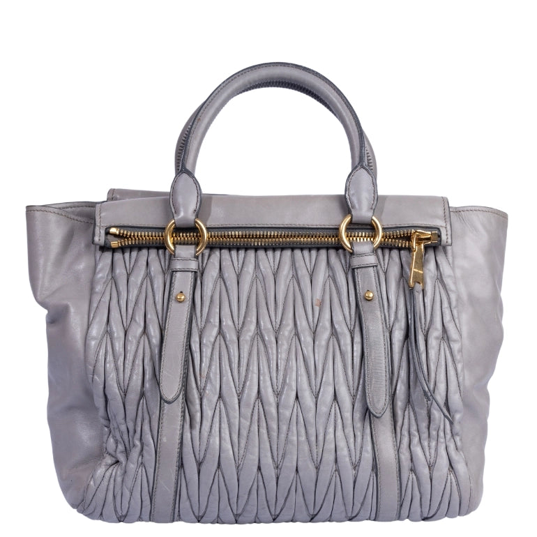 Miu Miu Grey Gathered Leather To Zip Tote
