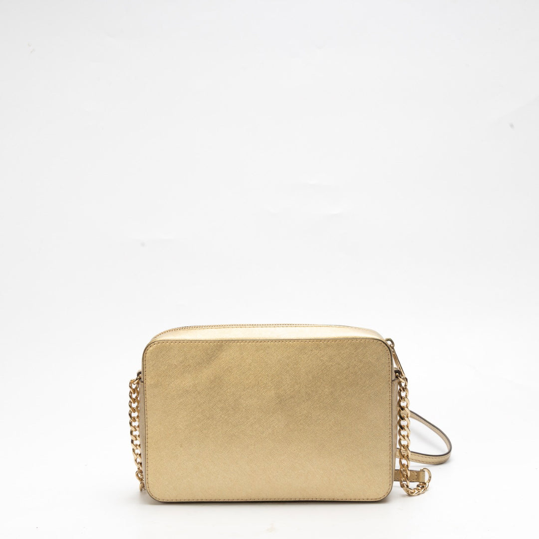 Michael Kors Gold Saffiano Leather Jet Set Camera Crossbody Bag