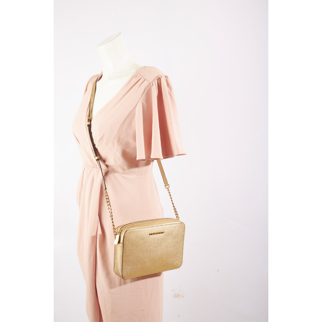 Michael Kors Gold Saffiano Leather Jet Set Camera Crossbody Bag