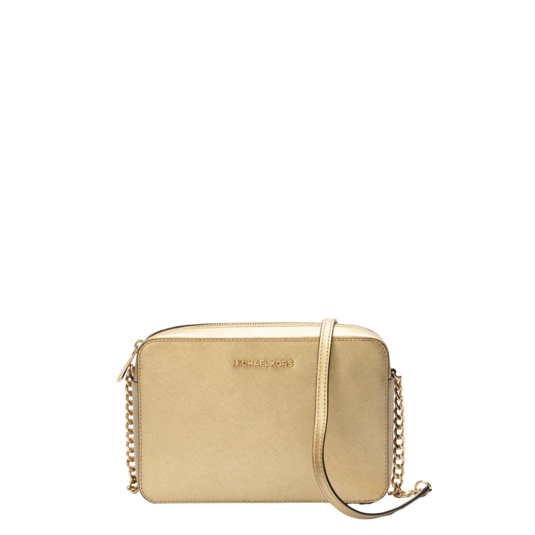 Michael Kors Gold Saffiano Leather Jet Set Camera Crossbody Bag