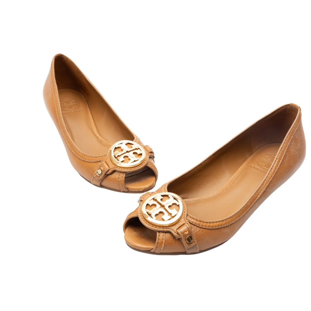 Tory Burch Tan Logo Peep Toe Wedges