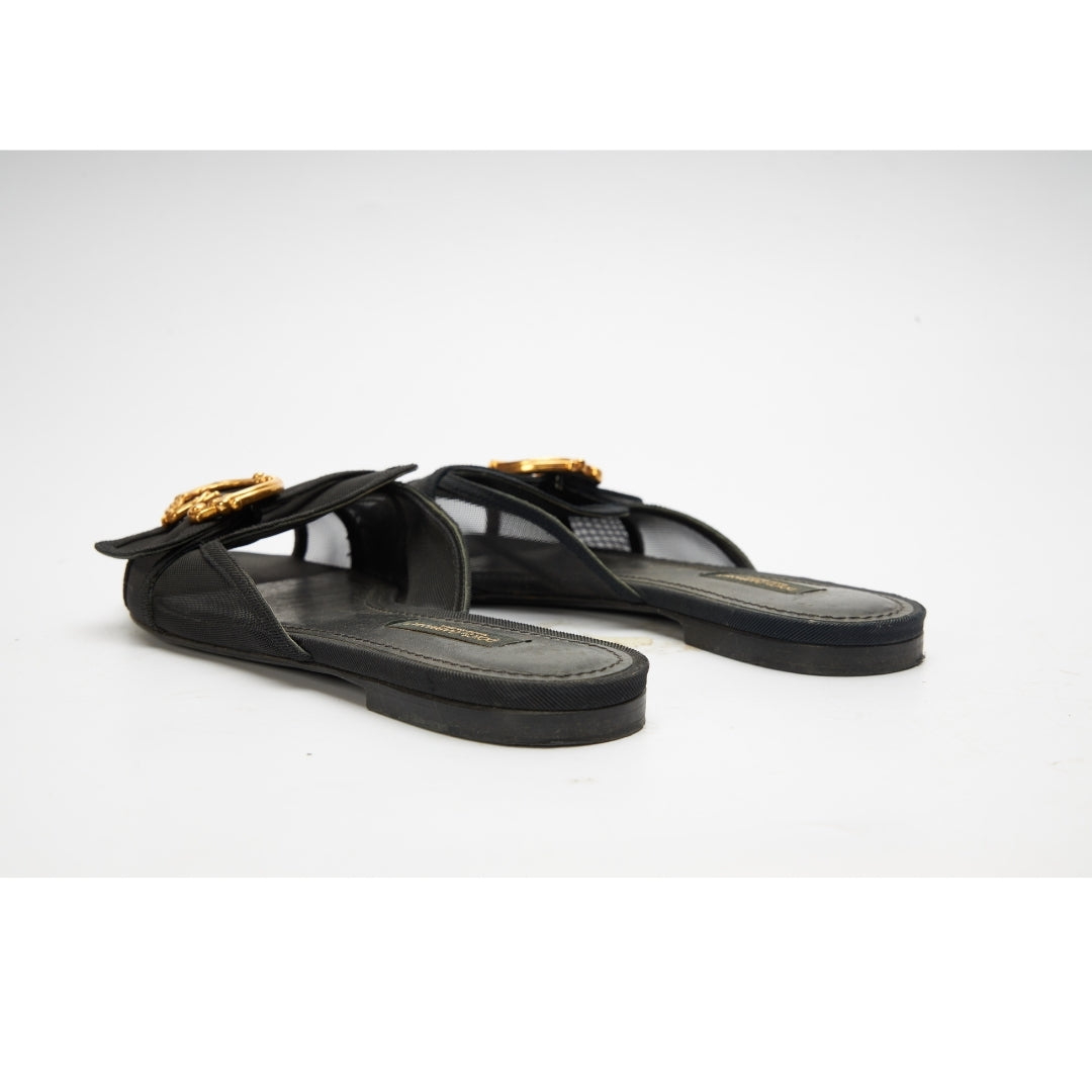 Dolce & Gabbana Black Mesh Baroque Logo Flat Slide Sandals