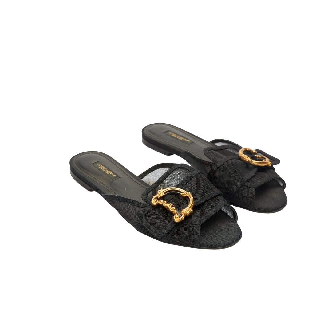 Dolce & Gabbana Black Mesh Baroque Logo Flat Slide Sandals
