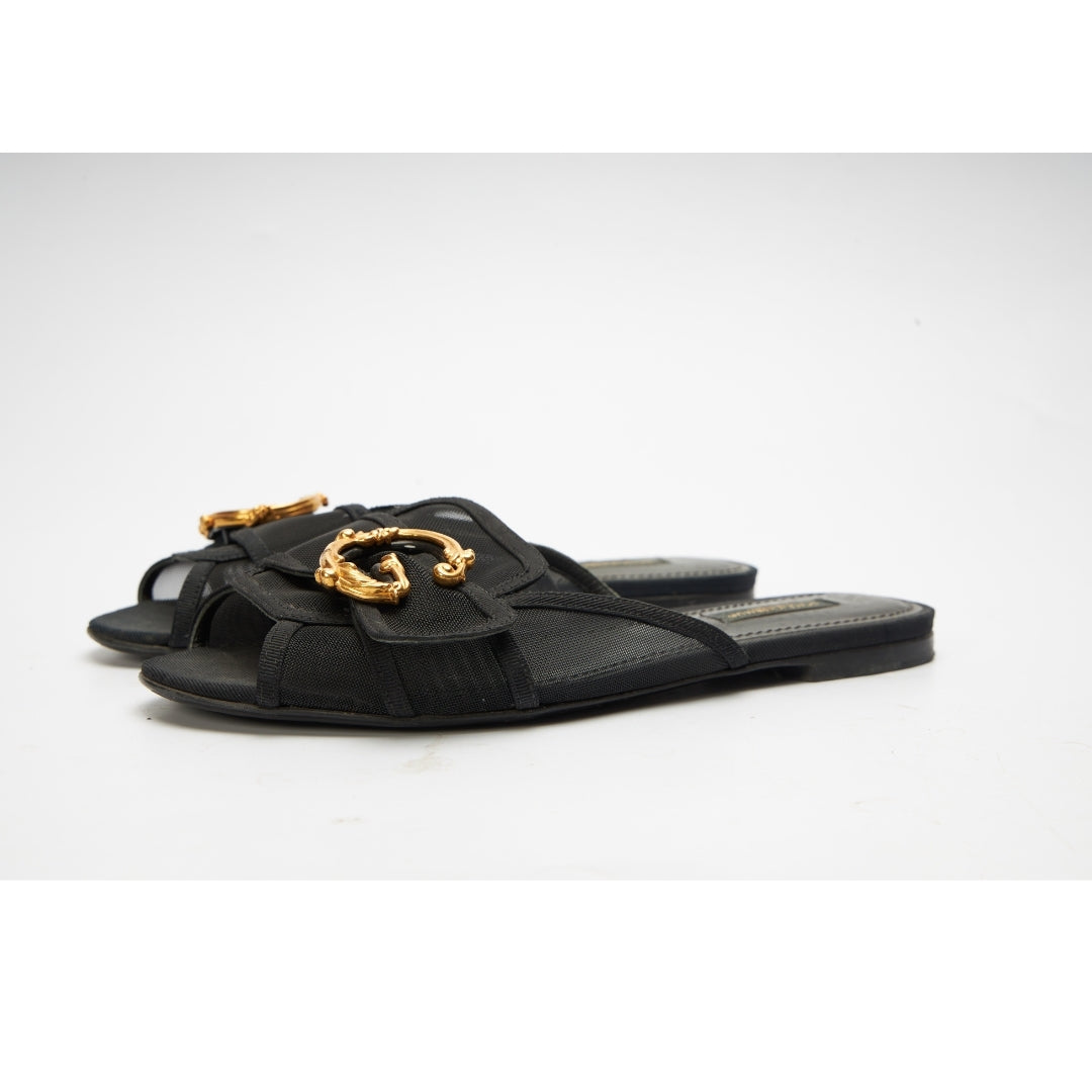 Dolce & Gabbana Black Mesh Baroque Logo Flat Slide Sandals