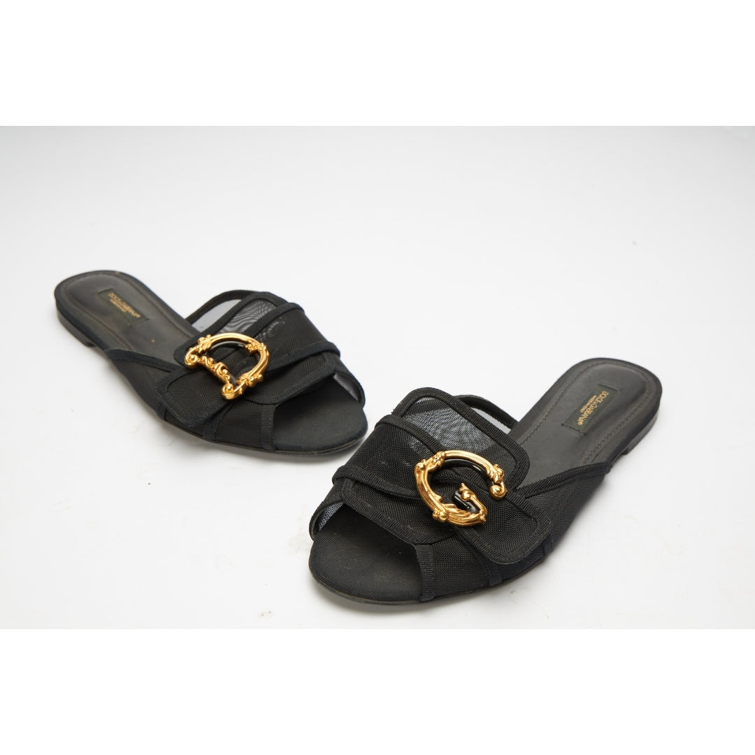 Dolce & Gabbana Black Mesh Baroque Logo Flat Slide Sandals