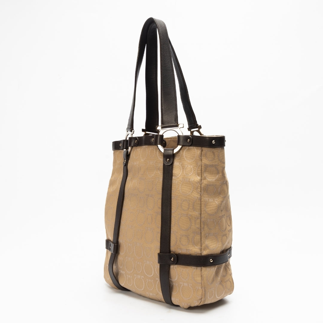 Salvatore Ferragamo Gancini Canvas Leather Tote