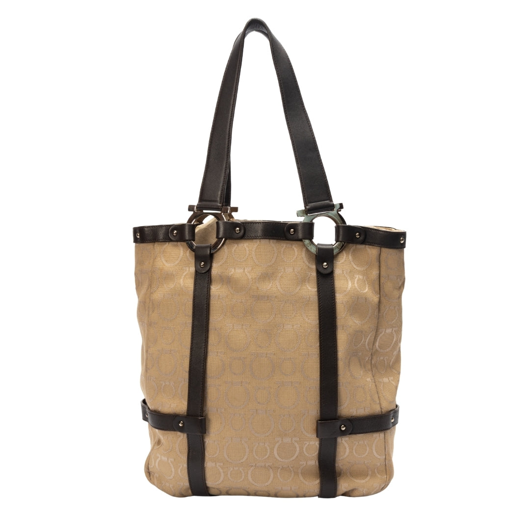 Salvatore Ferragamo Gancini Canvas Leather Tote