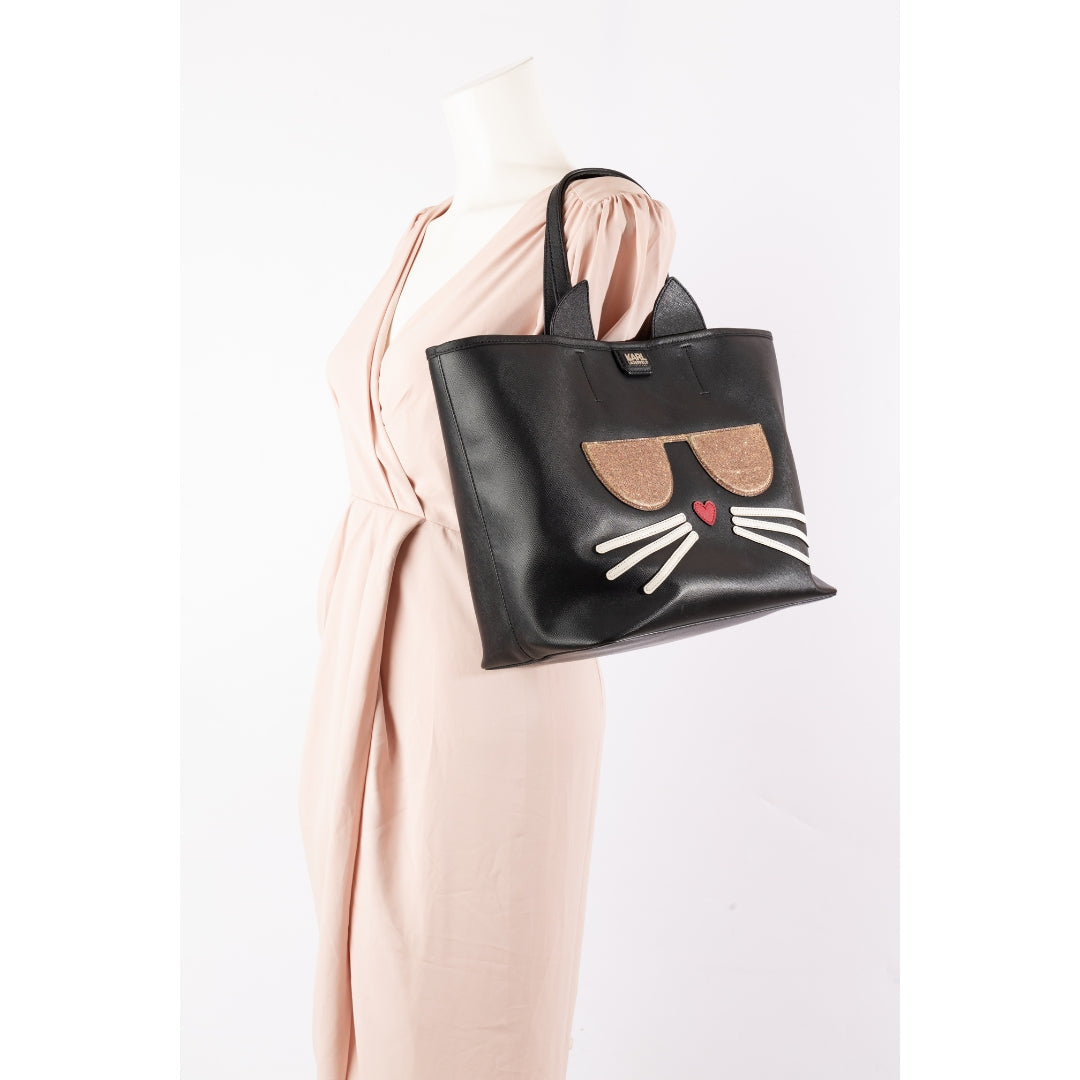 Karl Lagerfeld Black Leather Maybelle Cat Tote