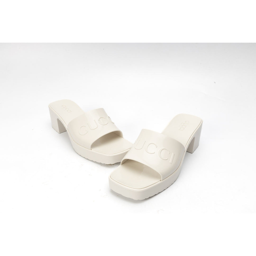Gucci White Rubber Embossed Logo Block Heel Slide