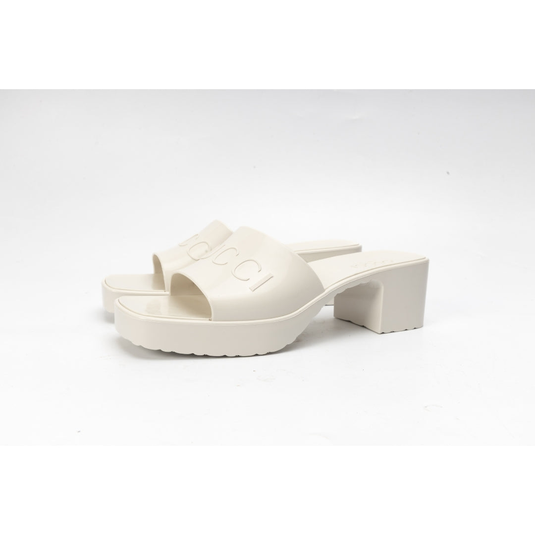 Gucci White Rubber Embossed Logo Block Heel Slide
