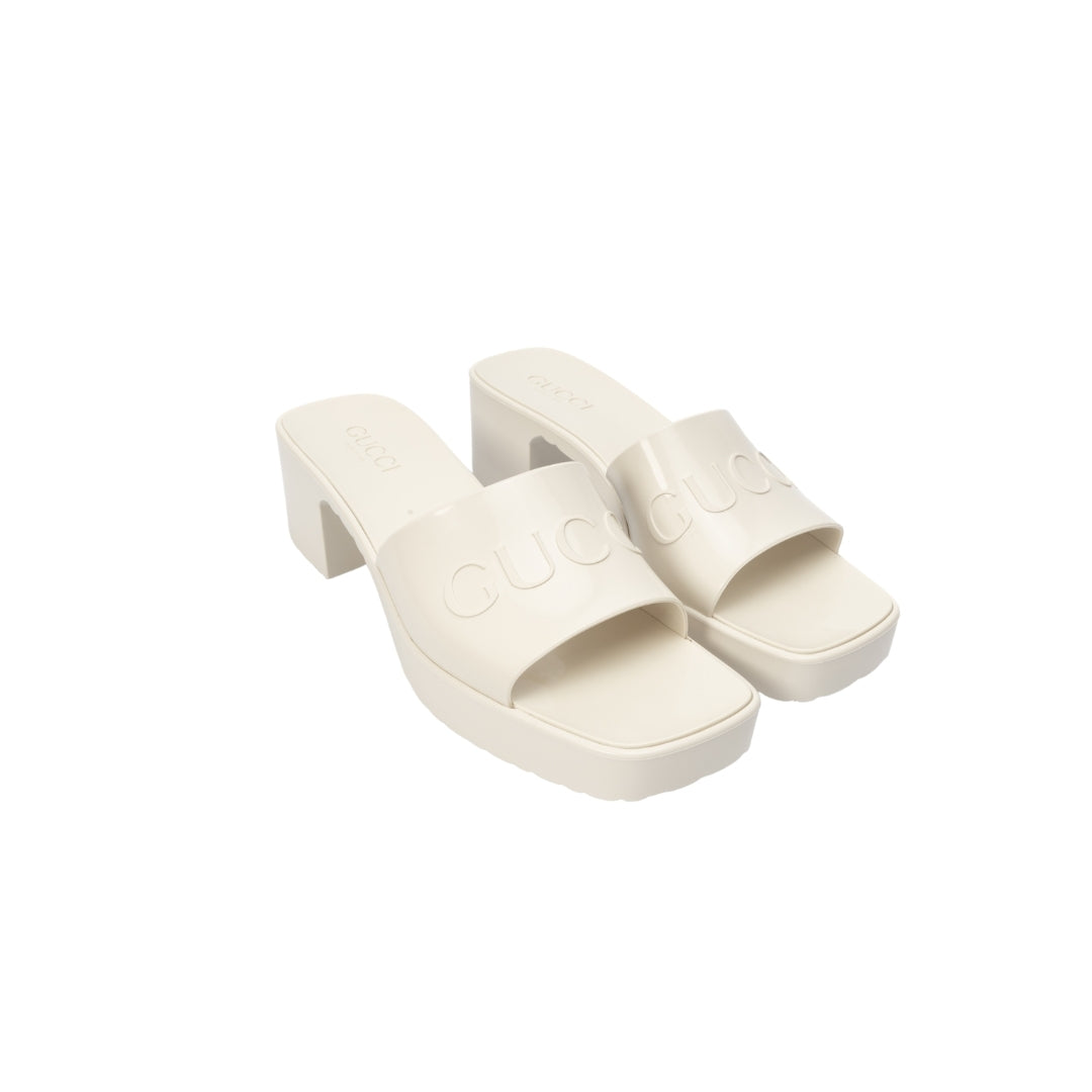 Gucci White Rubber Embossed Logo Block Heel Slide