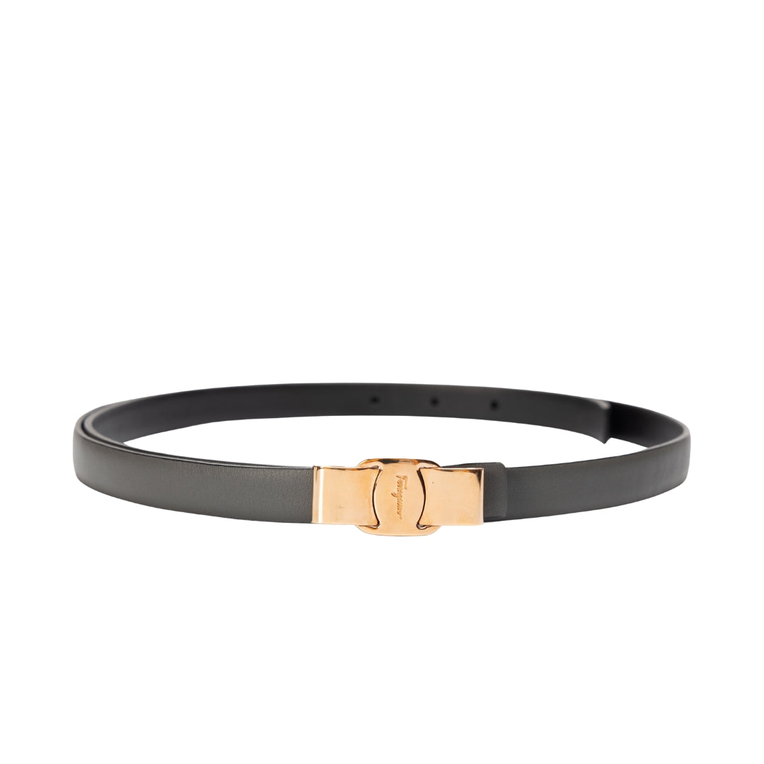 Salvatore Ferragamo Black Leather Vara Bow Slim Belt